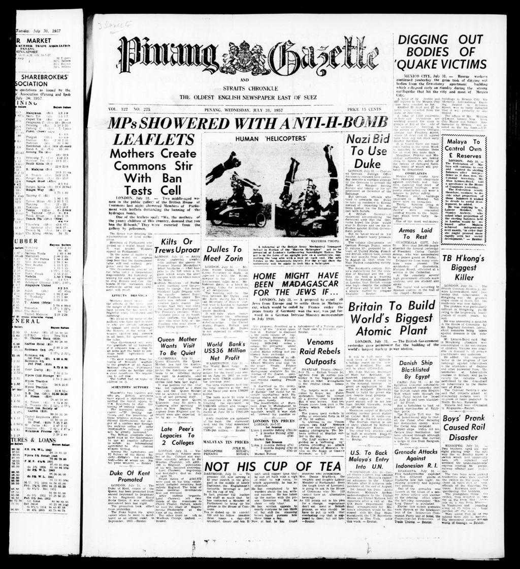 Miniature of Pinang Gazette and Straits Chronicle 31 July 1957