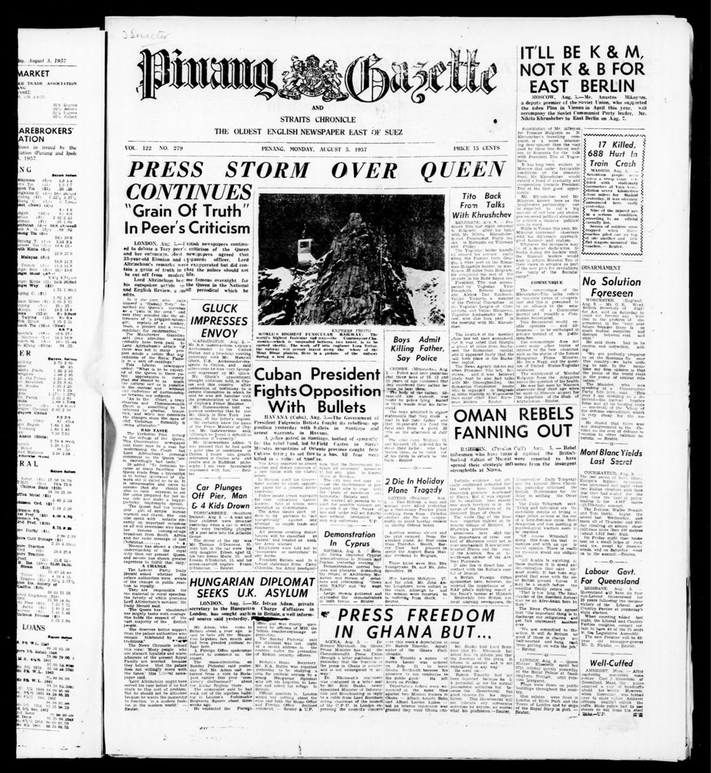 Miniature of Pinang Gazette and Straits Chronicle 05 August 1957