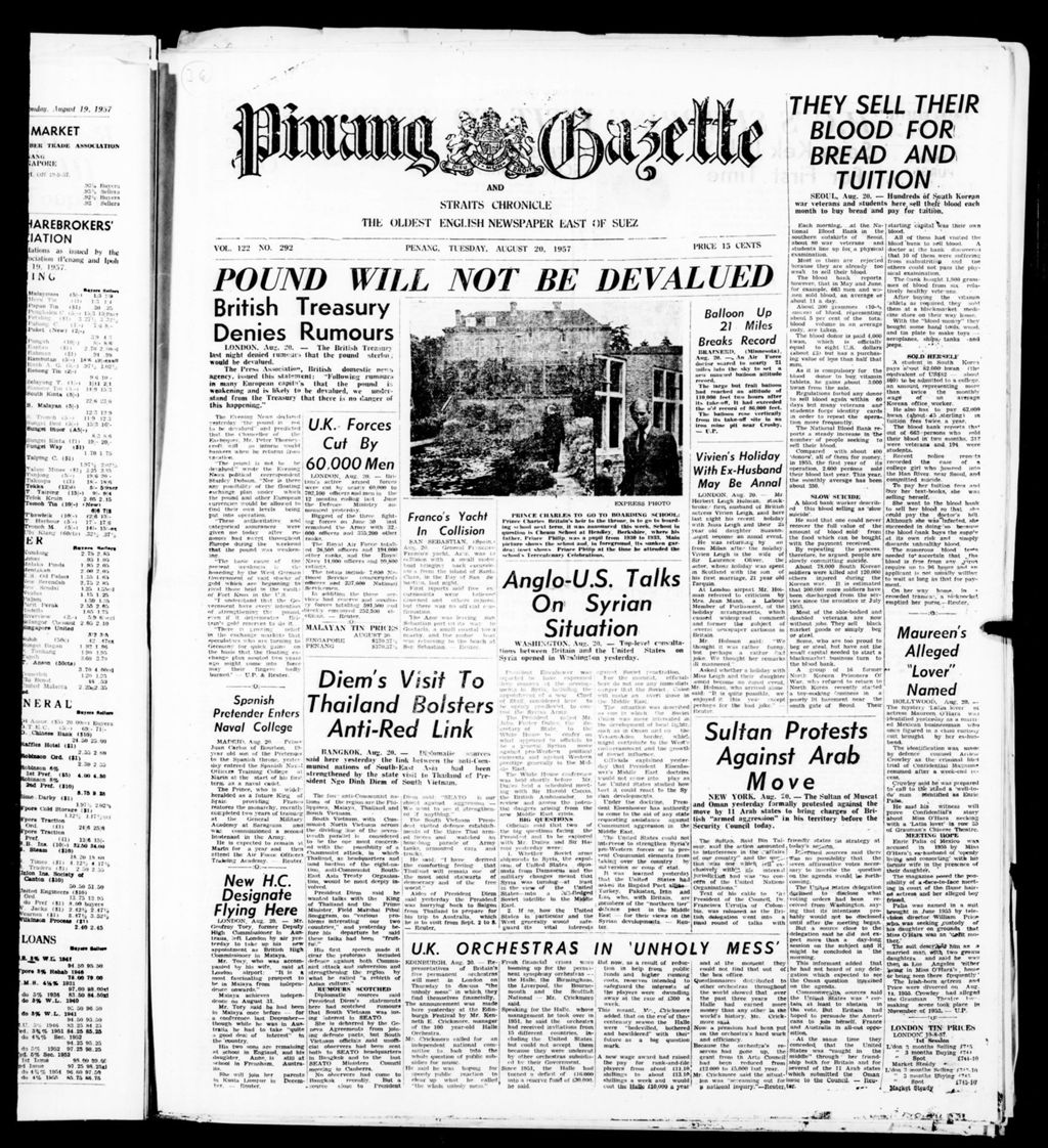 Miniature of Pinang Gazette and Straits Chronicle 20 August 1957