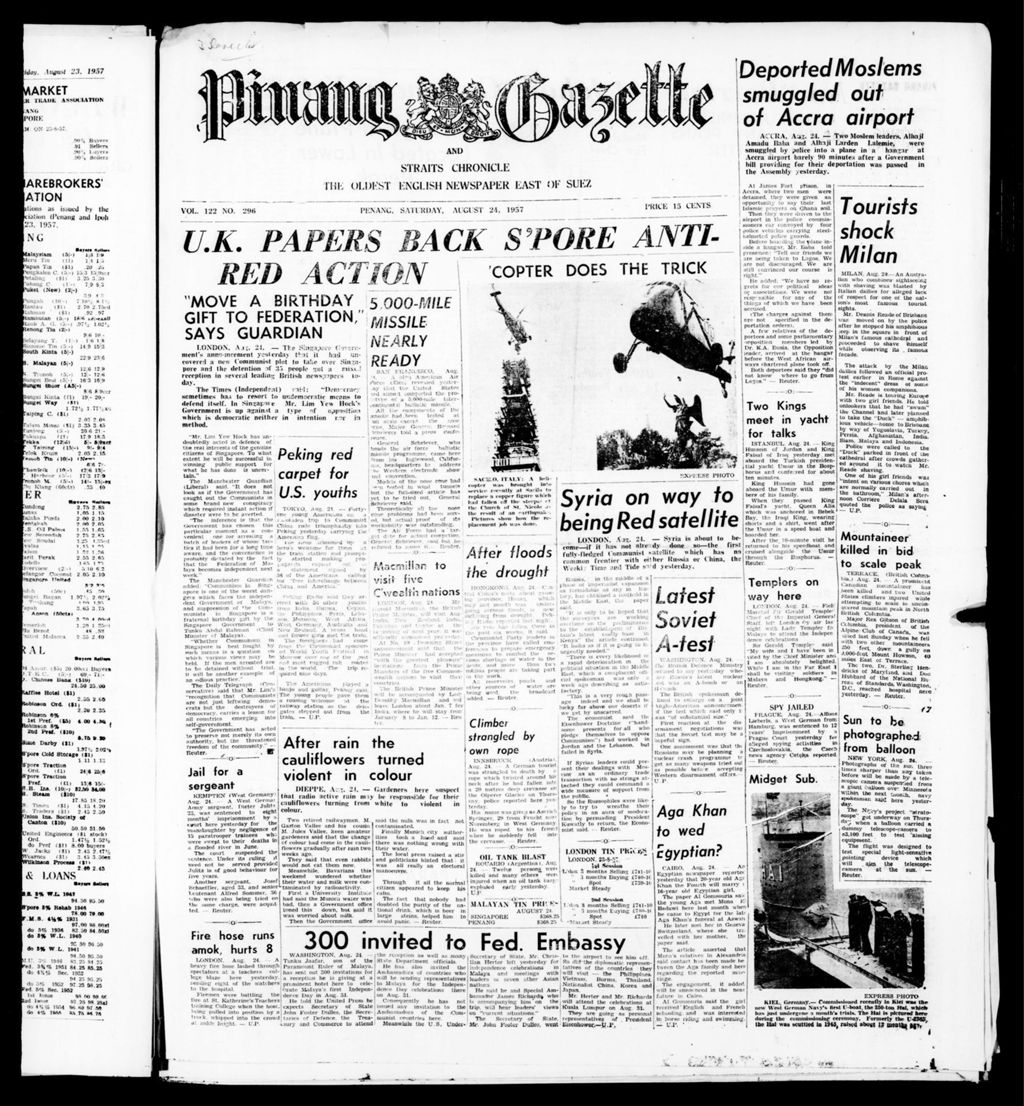 Miniature of Pinang Gazette and Straits Chronicle 24 August 1957