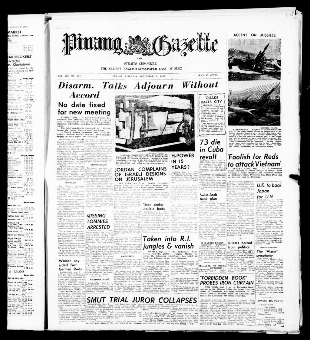 Miniature of Pinang Gazette and Straits Chronicle 07 September 1957