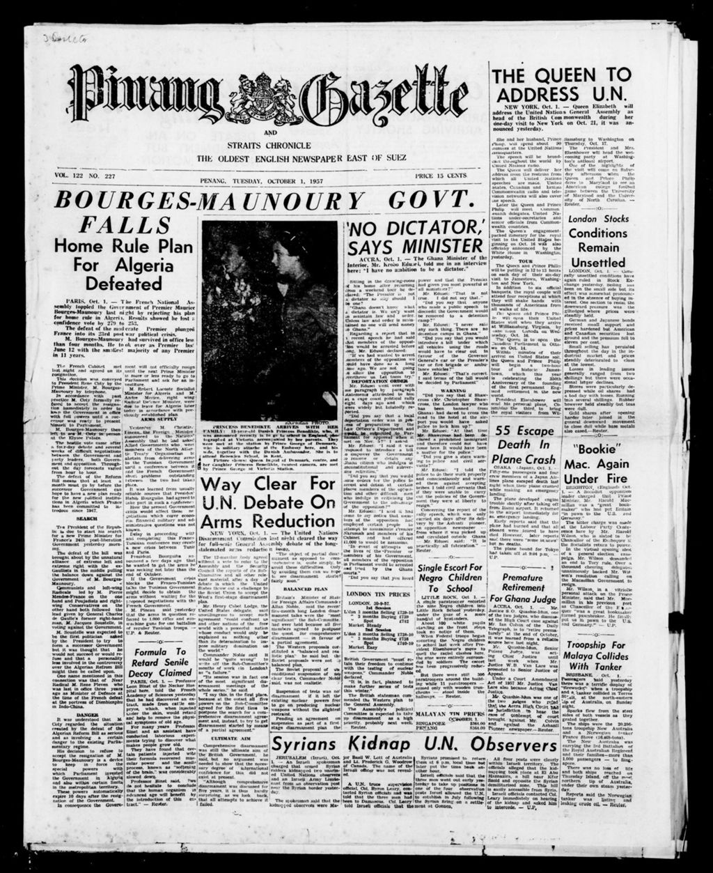 Miniature of Pinang Gazette and Straits Chronicle 01 October 1957