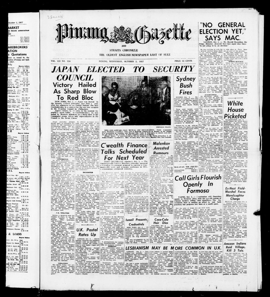 Miniature of Pinang Gazette and Straits Chronicle 02 October 1957