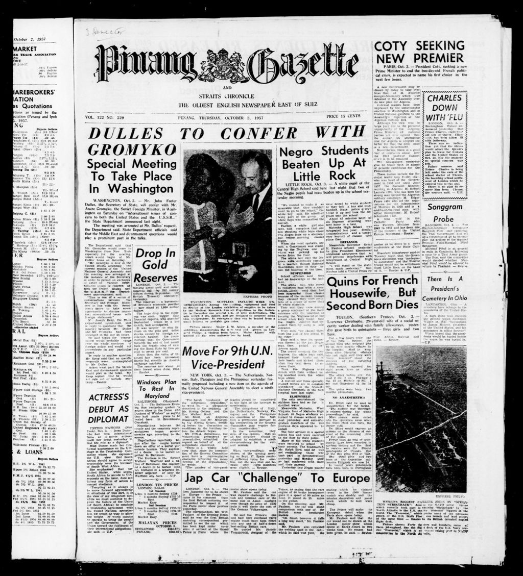 Miniature of Pinang Gazette and Straits Chronicle 03 October 1957