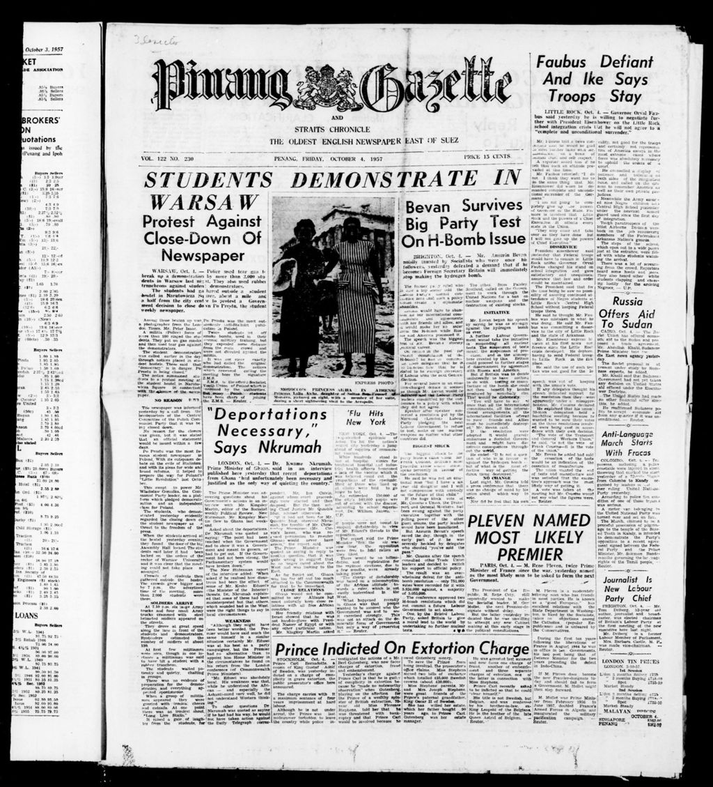 Miniature of Pinang Gazette and Straits Chronicle 04 October 1957