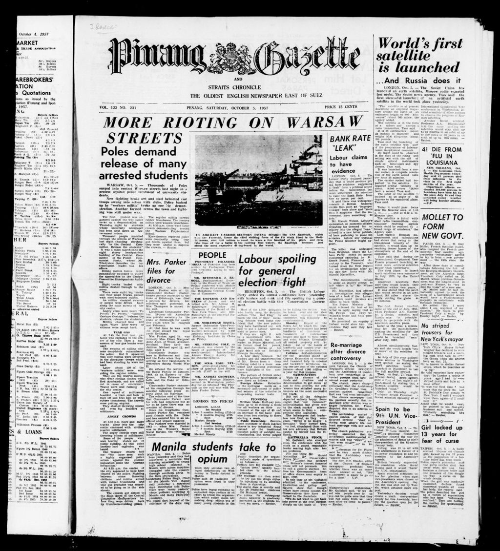 Miniature of Pinang Gazette and Straits Chronicle 05 October 1957