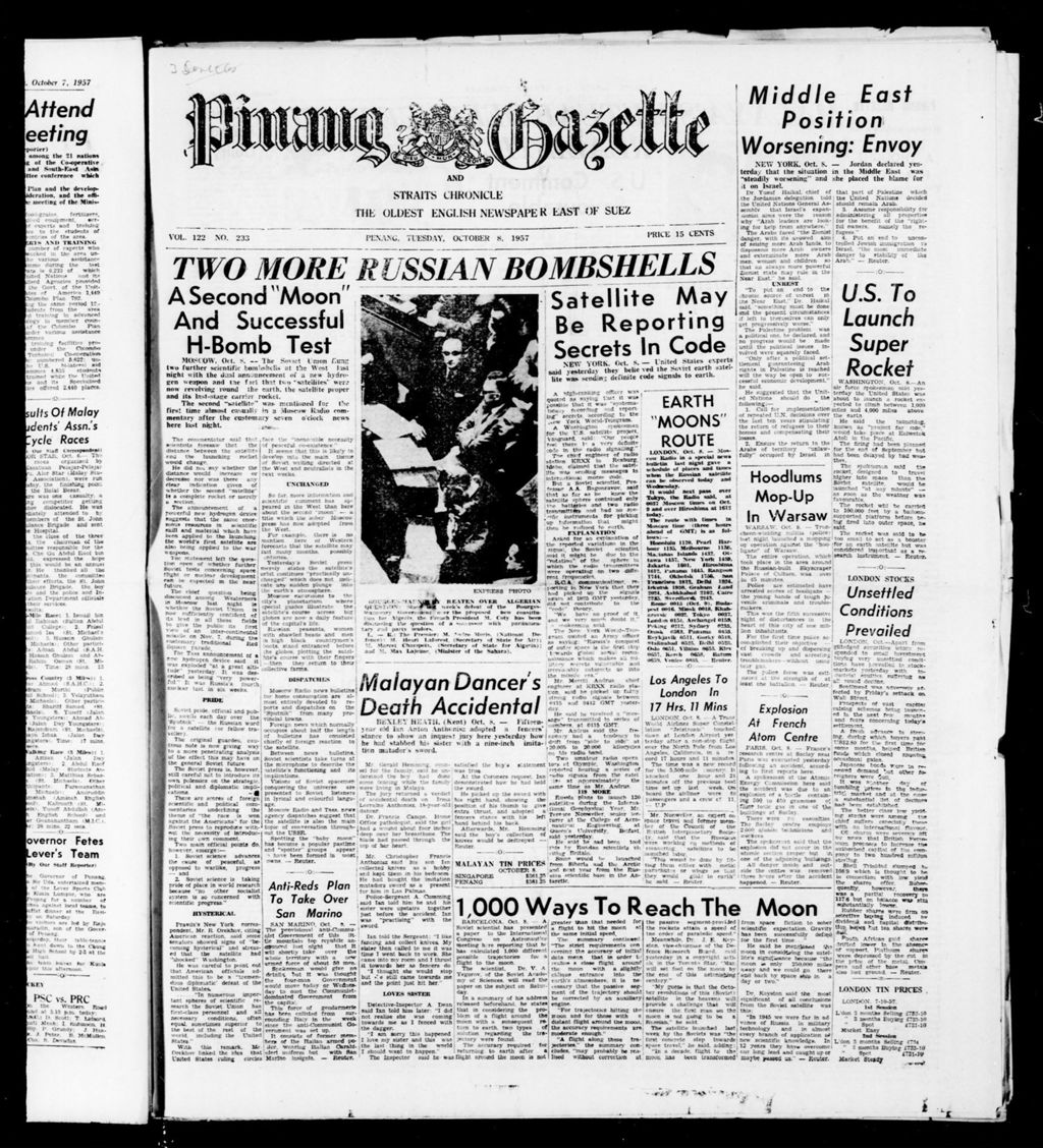 Miniature of Pinang Gazette and Straits Chronicle 08 October 1957