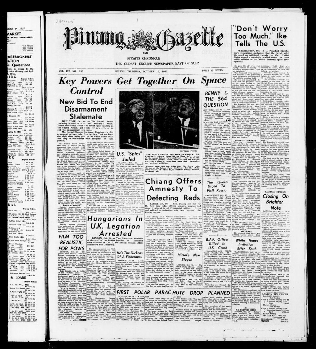 Miniature of Pinang Gazette and Straits Chronicle 10 October 1957