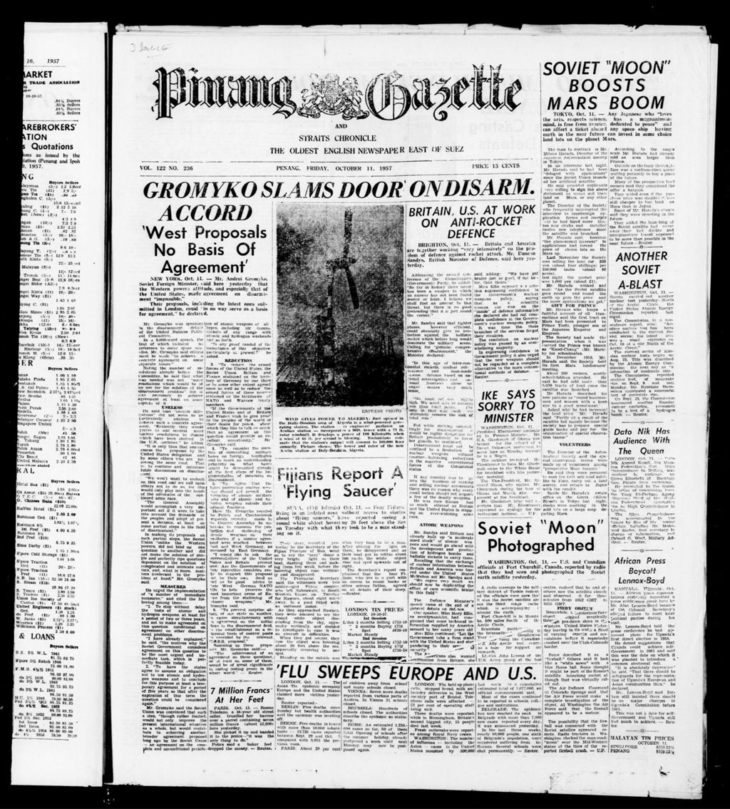 Miniature of Pinang Gazette and Straits Chronicle 11 October 1957