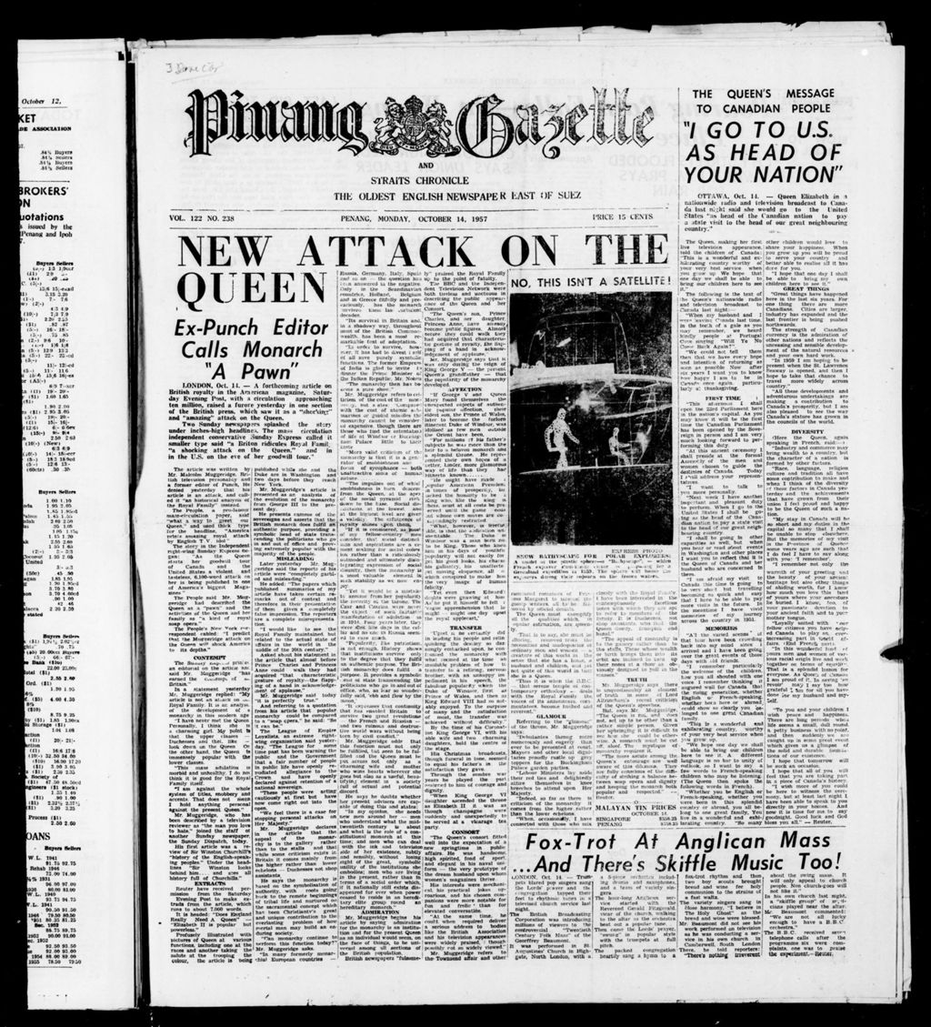 Miniature of Pinang Gazette and Straits Chronicle 14 October 1957