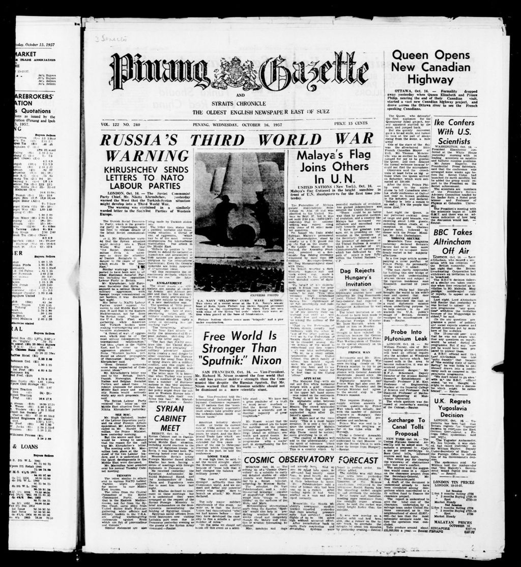 Miniature of Pinang Gazette and Straits Chronicle 16 October 1957