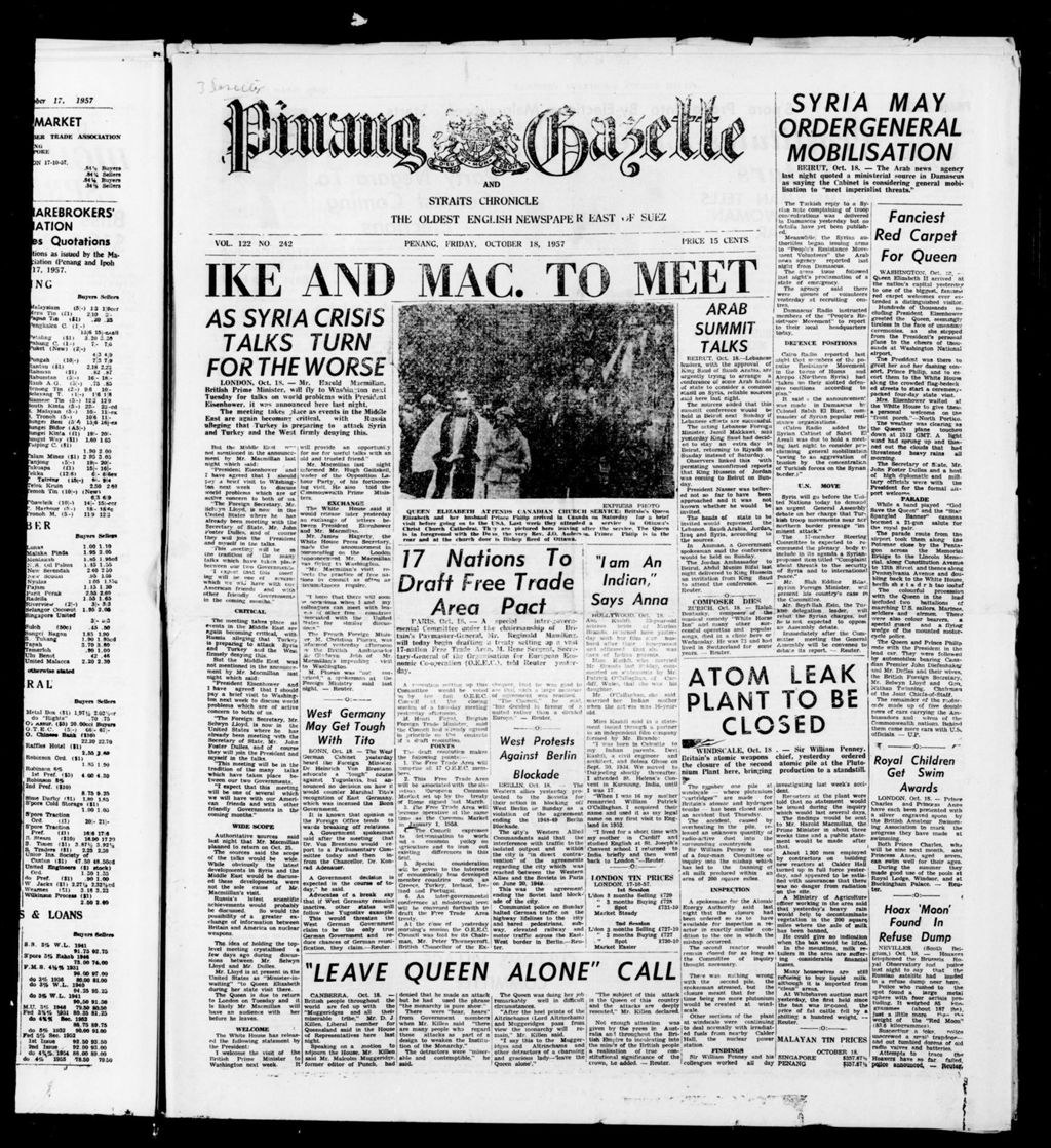 Miniature of Pinang Gazette and Straits Chronicle 18 October 1957