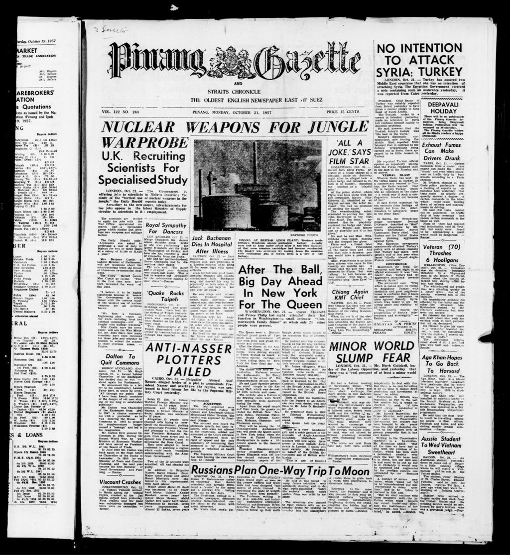 Miniature of Pinang Gazette and Straits Chronicle 21 October 1957