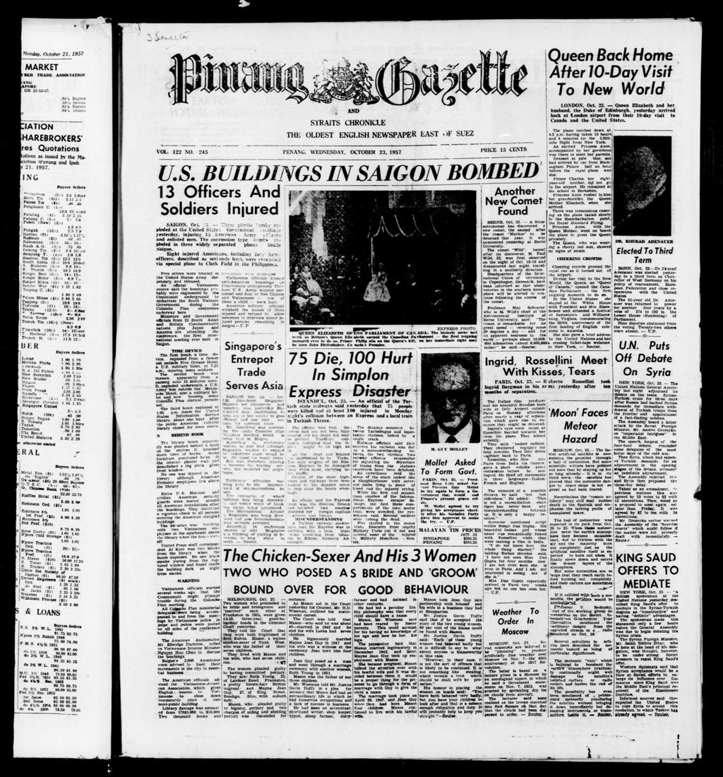 Miniature of Pinang Gazette and Straits Chronicle 23 October 1957