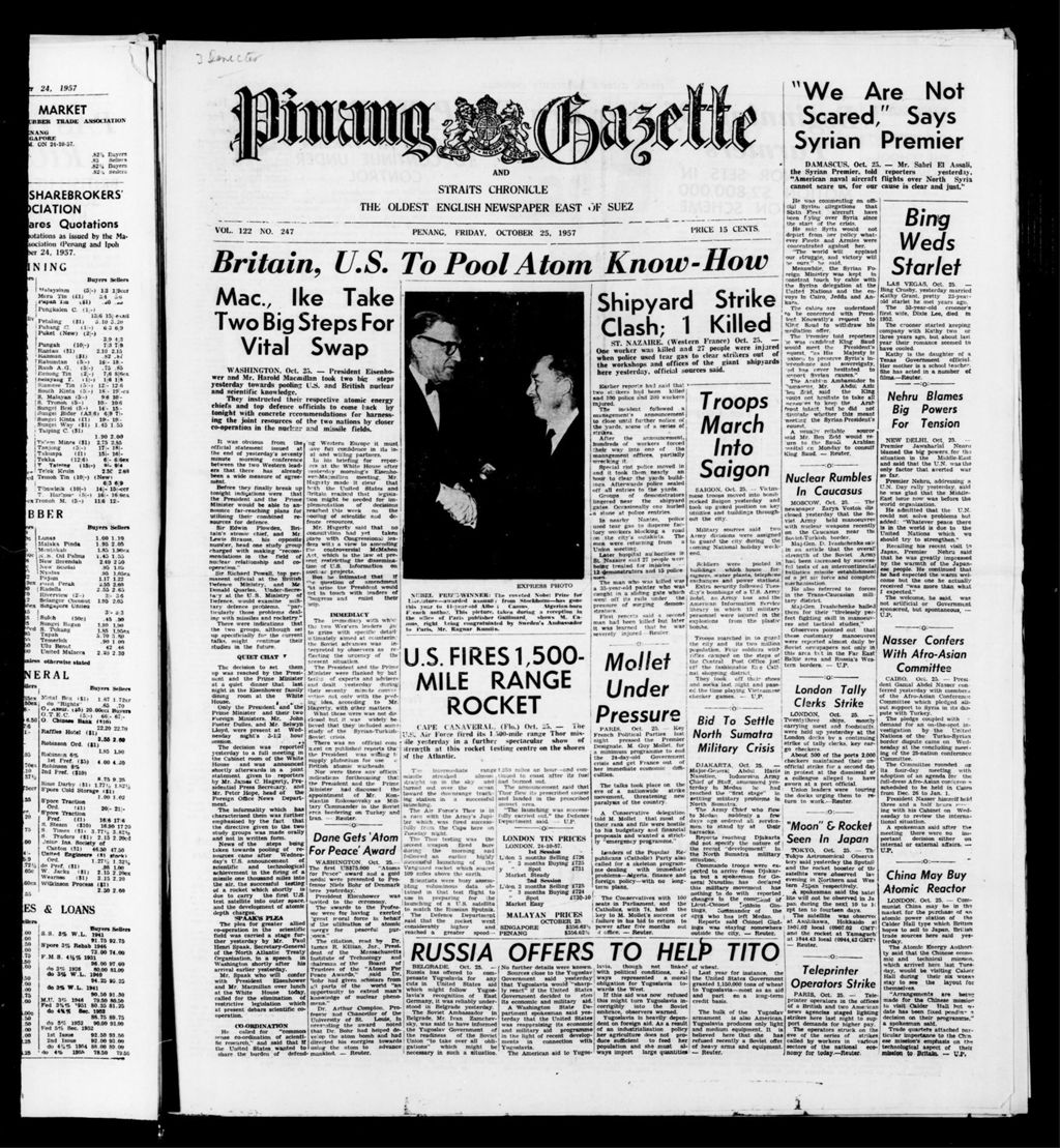 Miniature of Pinang Gazette and Straits Chronicle 25 October 1957