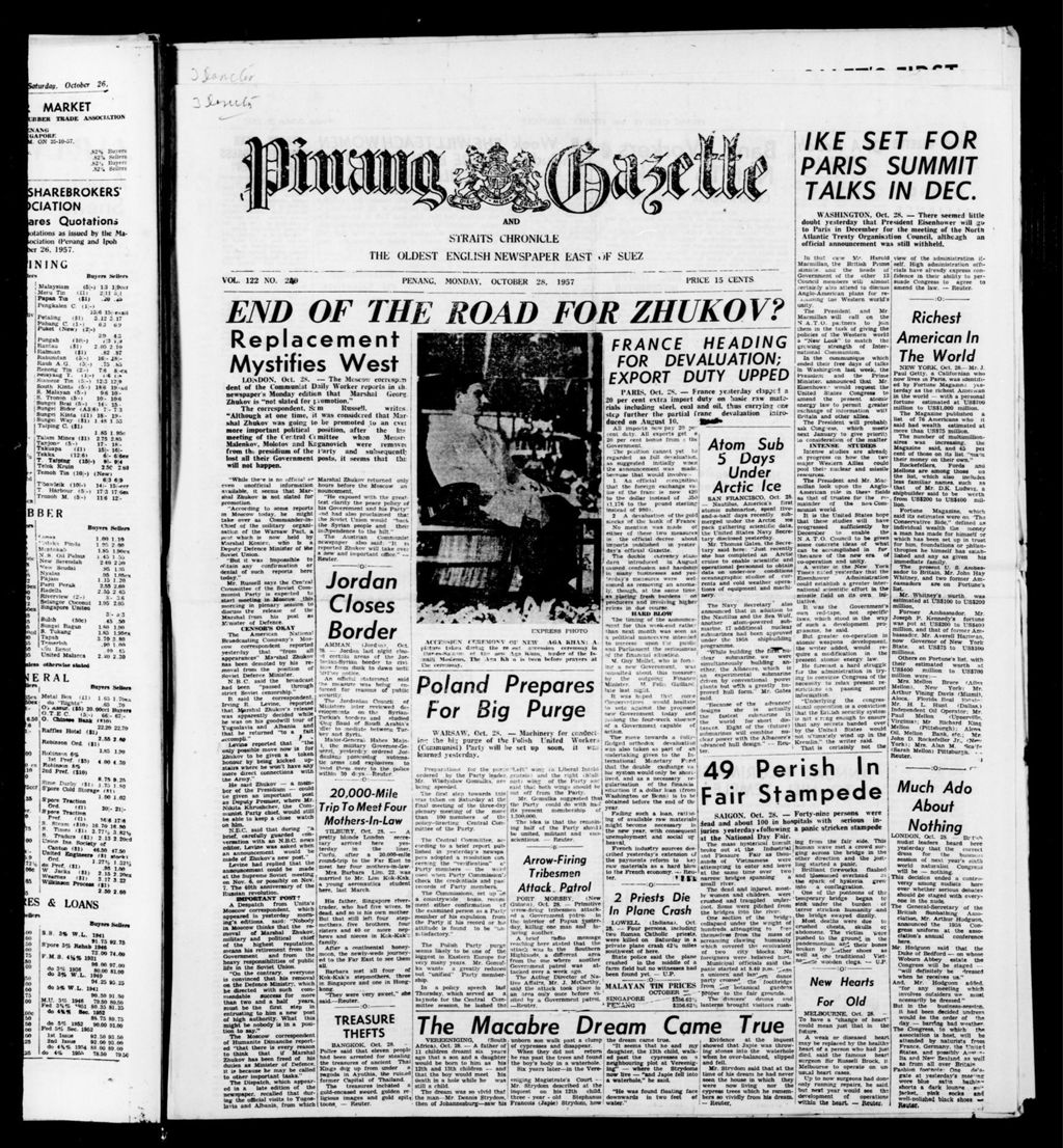 Miniature of Pinang Gazette and Straits Chronicle 28 October 1957