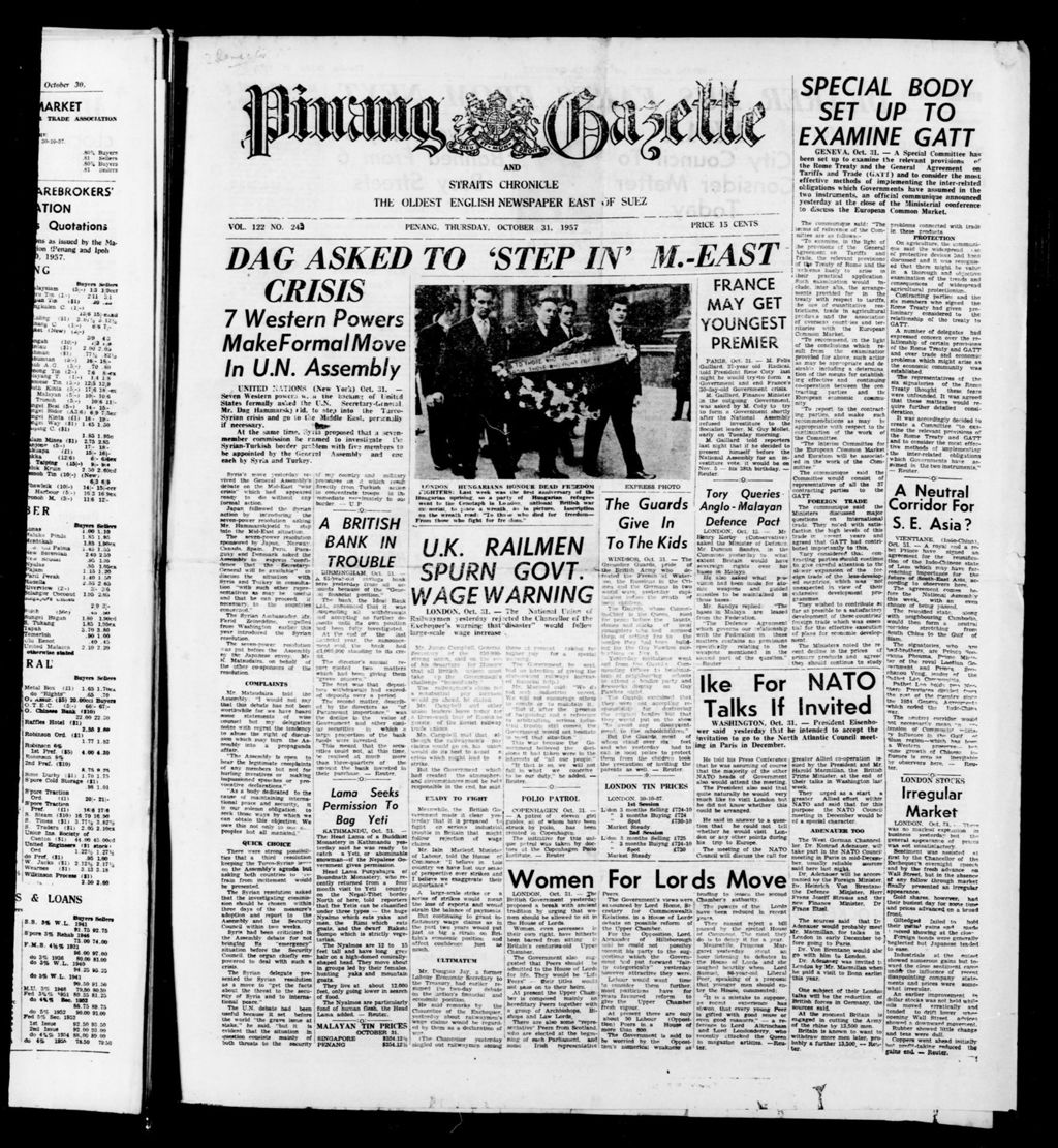 Miniature of Pinang Gazette and Straits Chronicle 31 October 1957