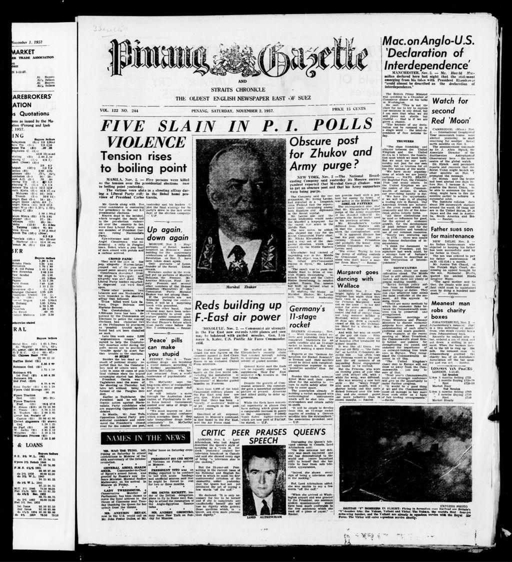 Miniature of Pinang Gazette and Straits Chronicle 02 November 1957