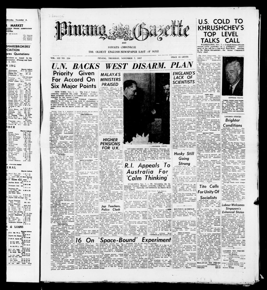 Miniature of Pinang Gazette and Straits Chronicle 07 November 1957