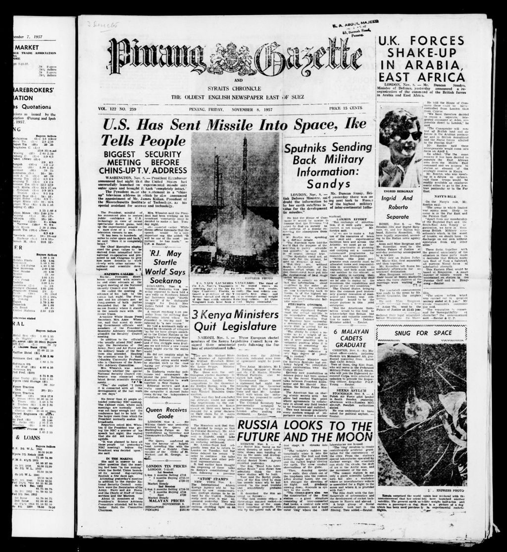 Miniature of Pinang Gazette and Straits Chronicle 08 November 1957