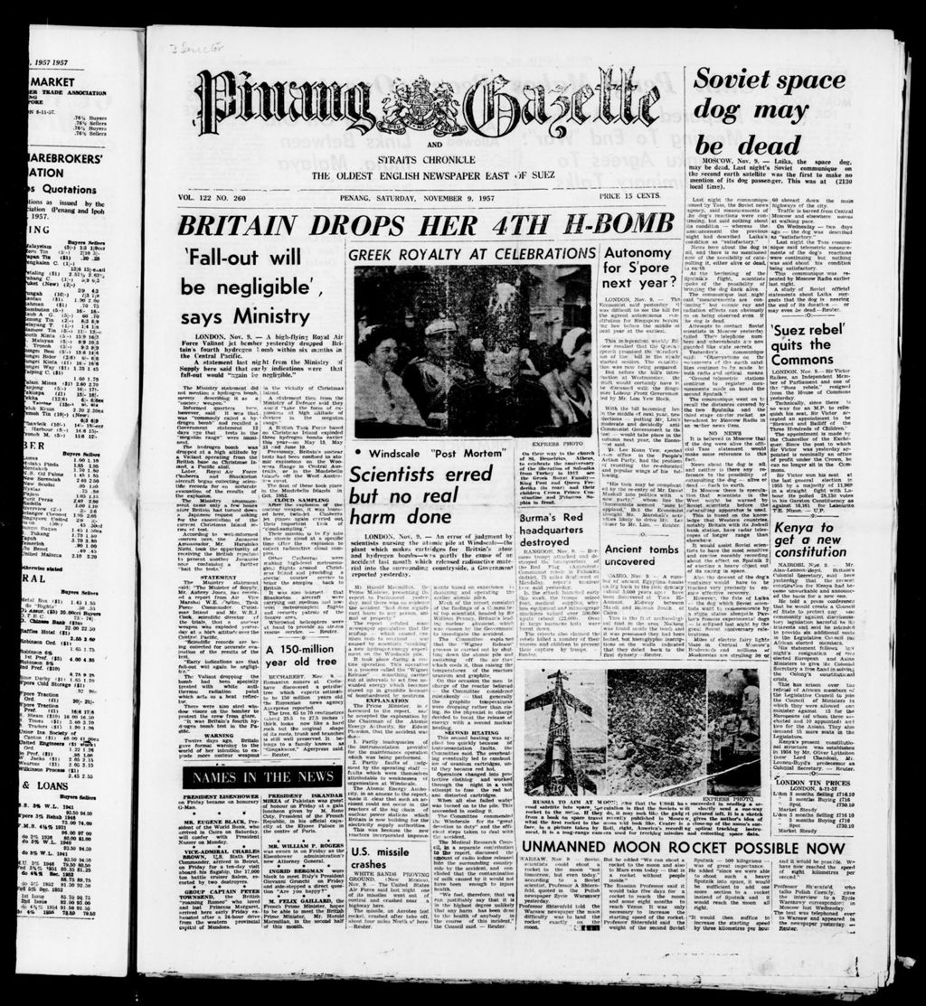 Miniature of Pinang Gazette and Straits Chronicle 09 November 1957