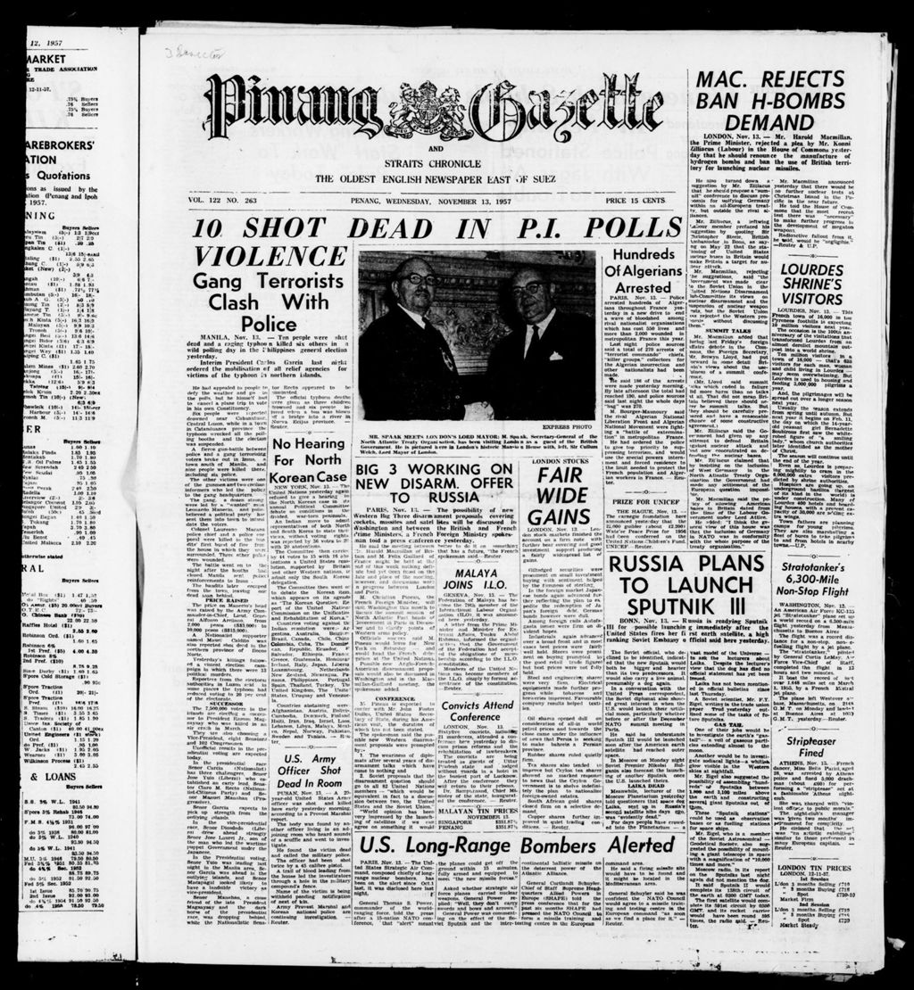 Miniature of Pinang Gazette and Straits Chronicle 13 November 1957