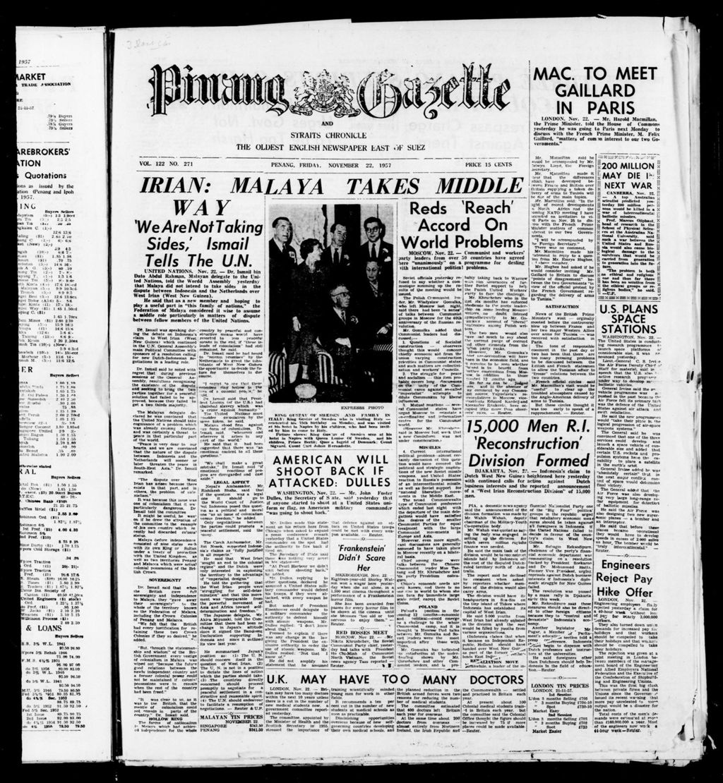 Miniature of Pinang Gazette and Straits Chronicle 22 November 1957