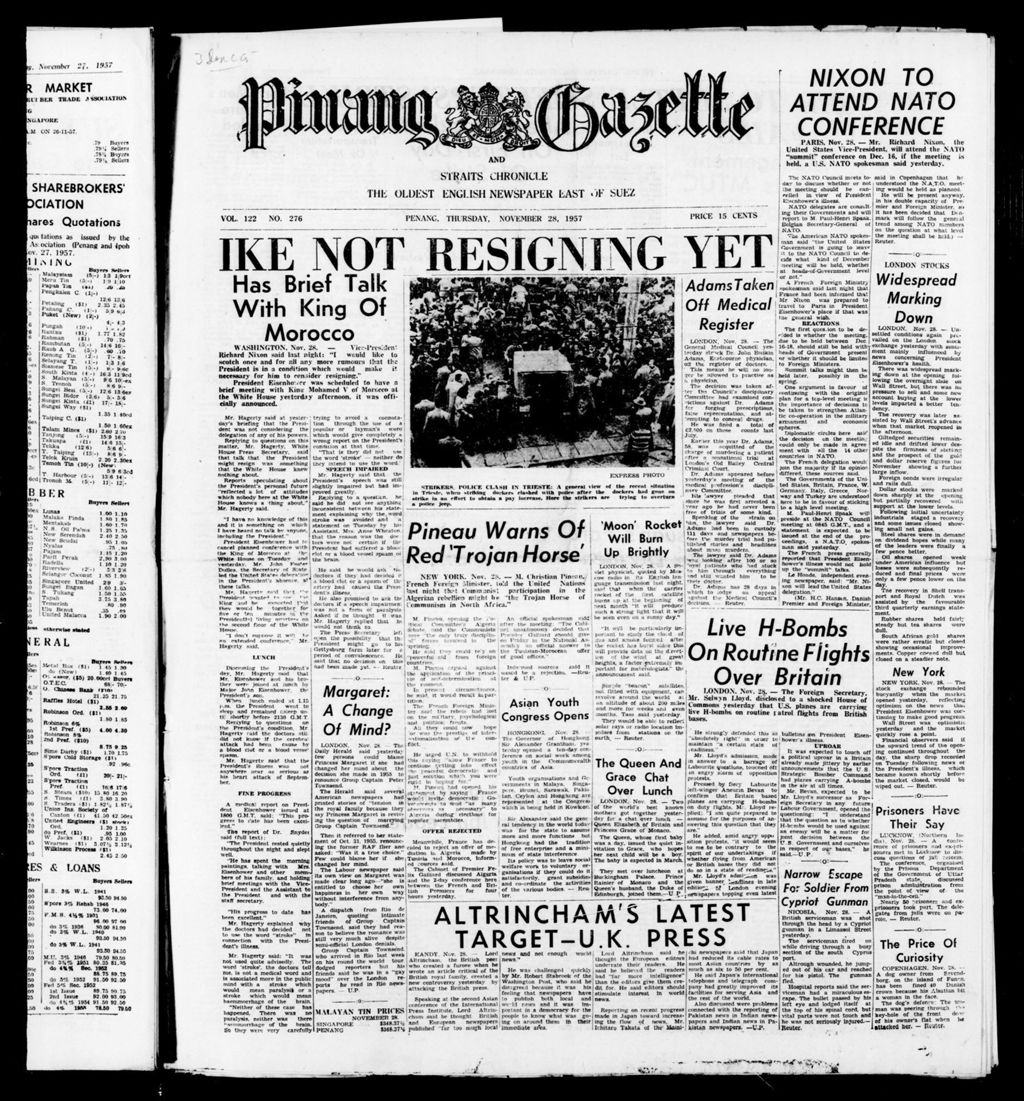 Miniature of Pinang Gazette and Straits Chronicle 28 November 1957