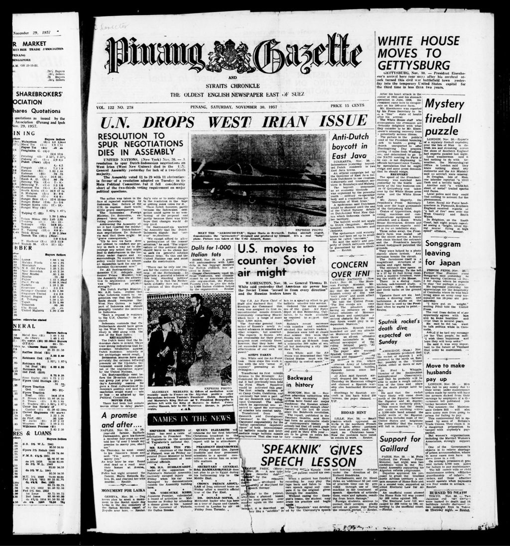 Miniature of Pinang Gazette and Straits Chronicle 30 November 1957