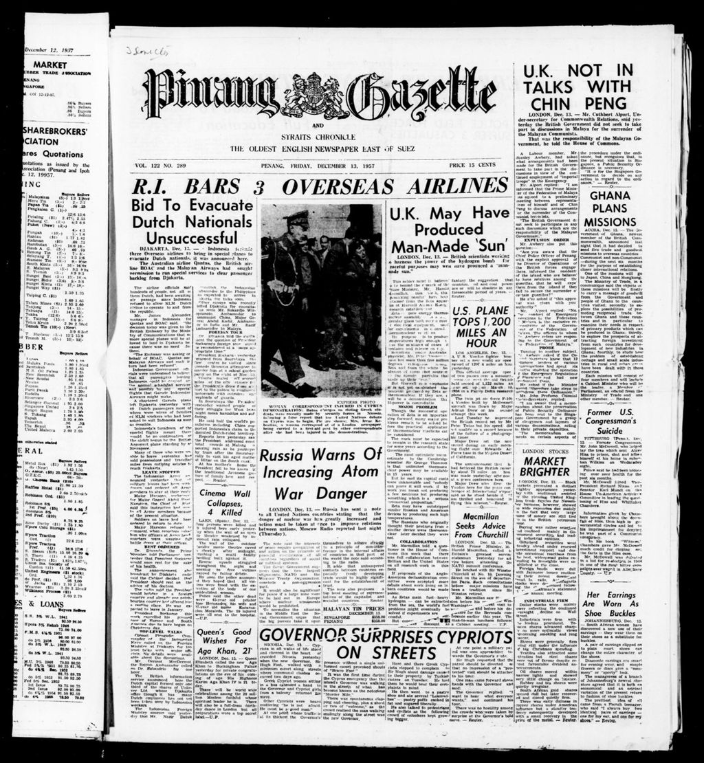 Miniature of Pinang Gazette and Straits Chronicle 13 December 1957