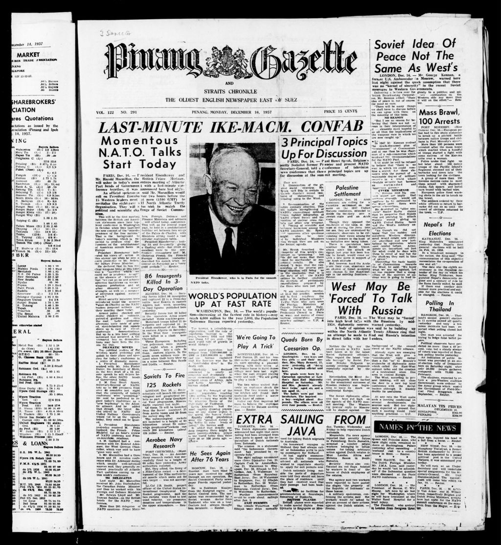 Miniature of Pinang Gazette and Straits Chronicle 16 December 1957