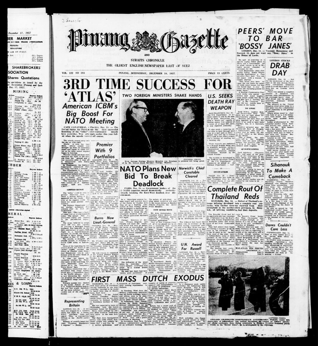 Miniature of Pinang Gazette and Straits Chronicle 18 December 1957