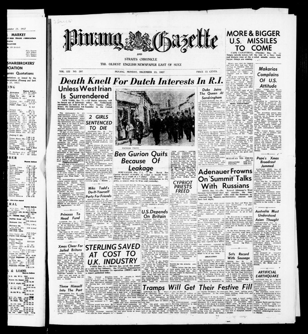 Miniature of Pinang Gazette and Straits Chronicle 23 December 1957