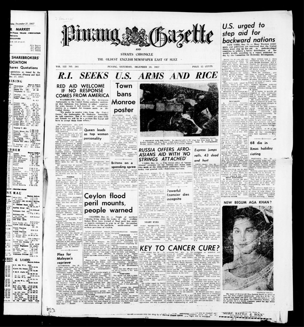 Miniature of Pinang Gazette and Straits Chronicle 28 December 1957