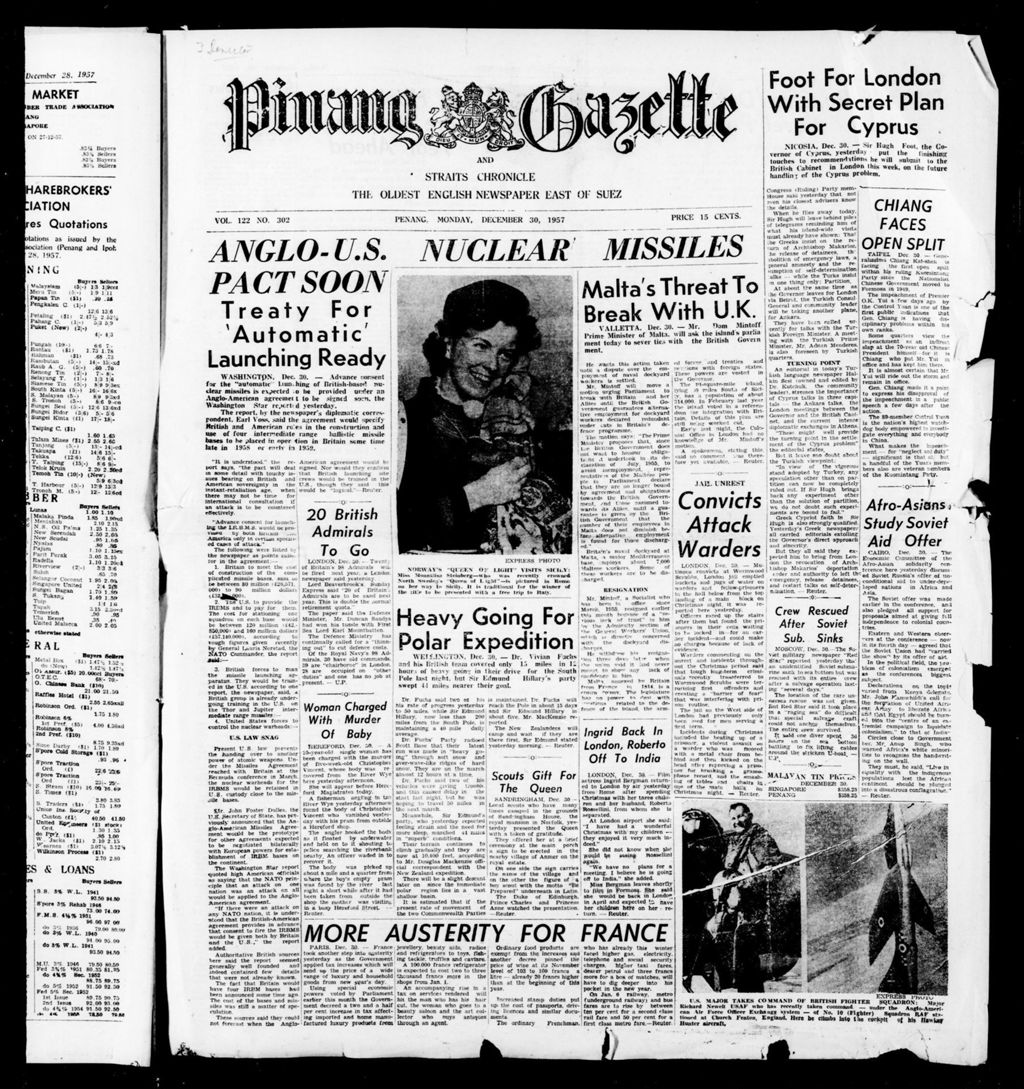 Miniature of Pinang Gazette and Straits Chronicle 30 December 1957