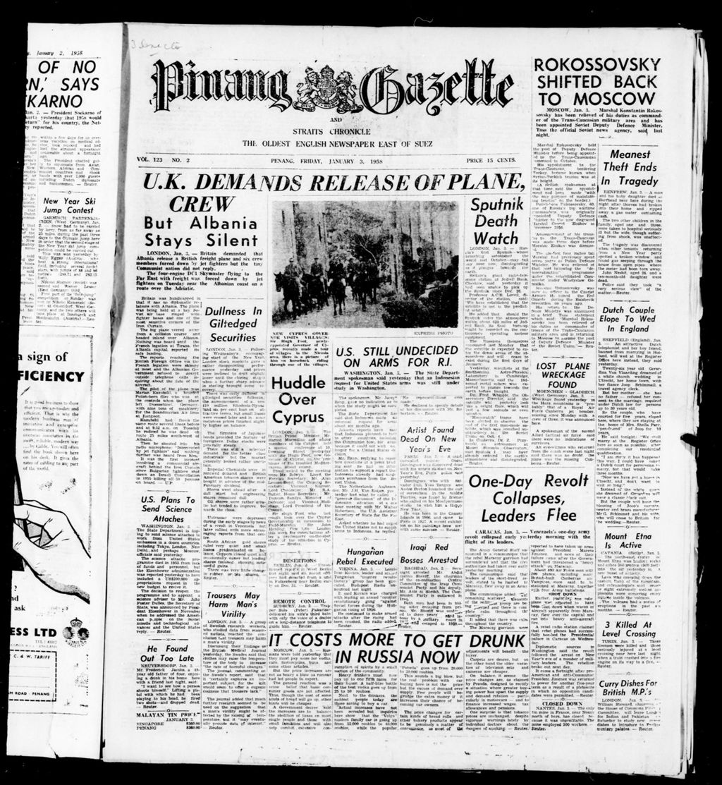 Miniature of Pinang Gazette and Straits Chronicle 03 January 1958