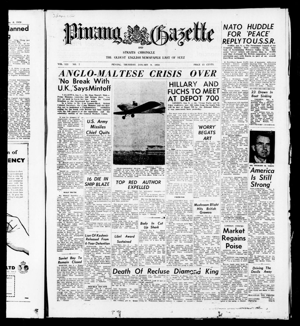 Miniature of Pinang Gazette and Straits Chronicle 09 January 1958