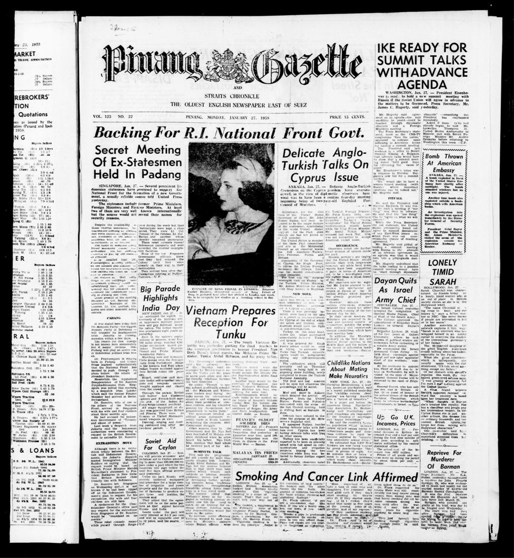 Miniature of Pinang Gazette and Straits Chronicle 27 January 1958