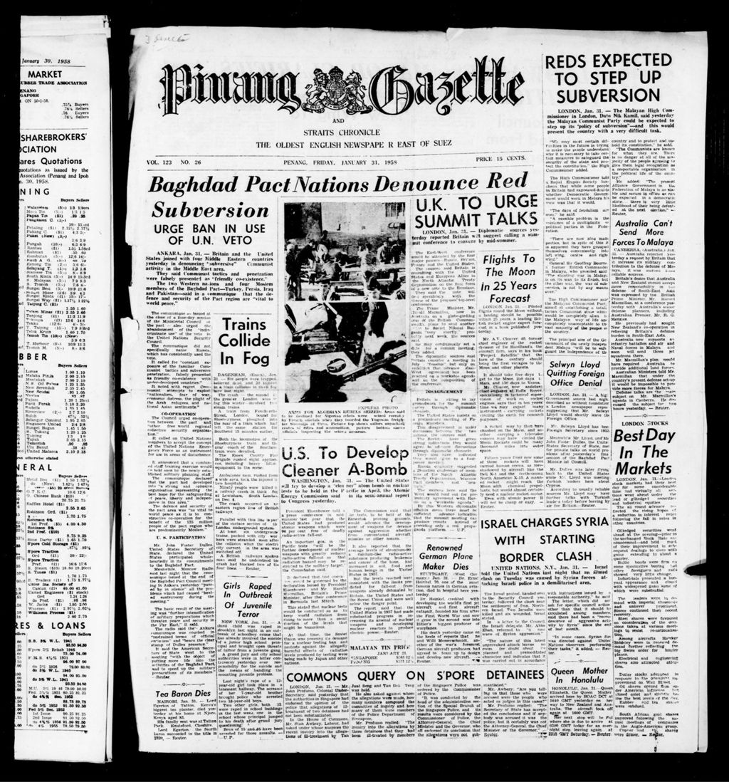 Miniature of Pinang Gazette and Straits Chronicle 31 January 1958