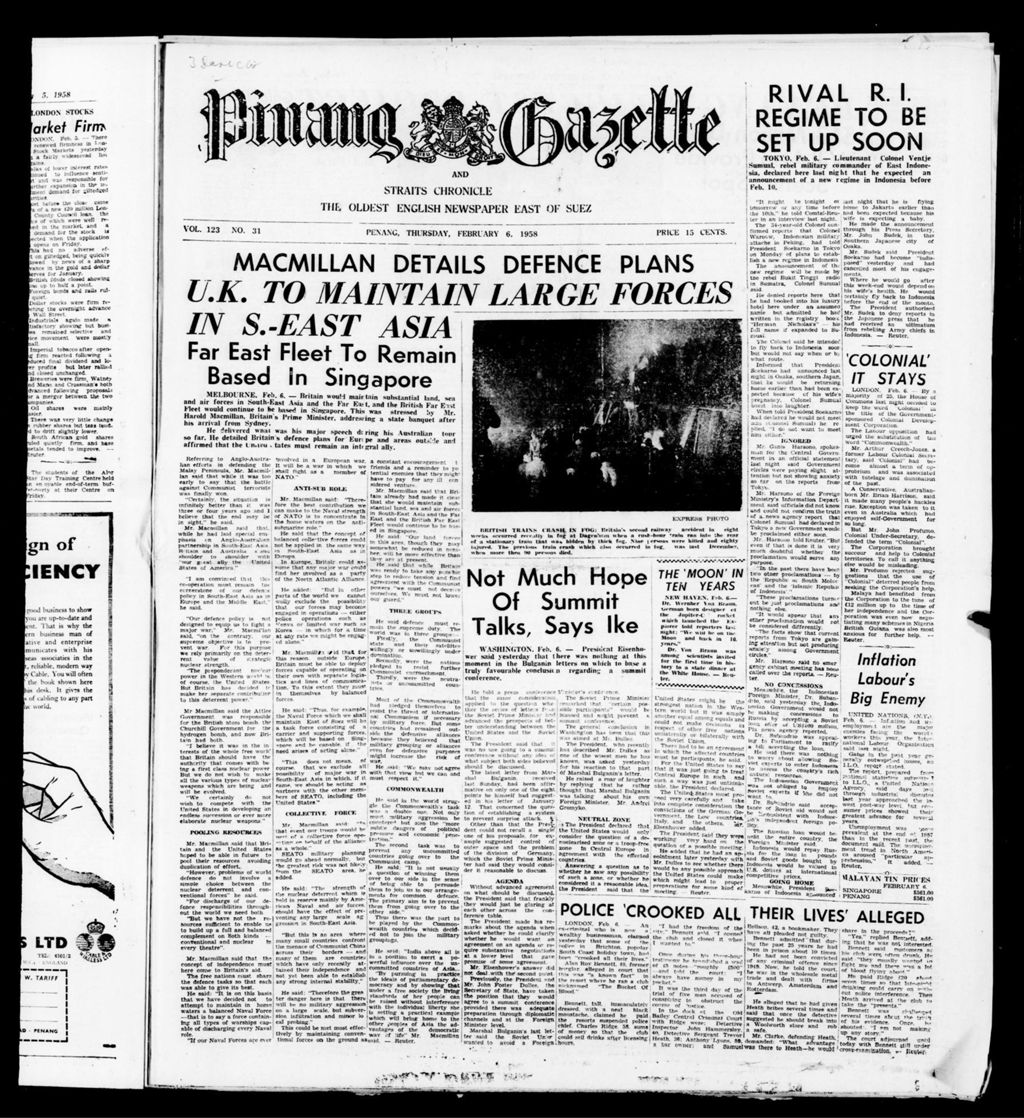 Miniature of Pinang Gazette and Straits Chronicle 06 February 1958