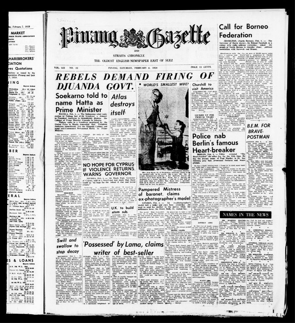 Miniature of Pinang Gazette and Straits Chronicle 08 February 1958