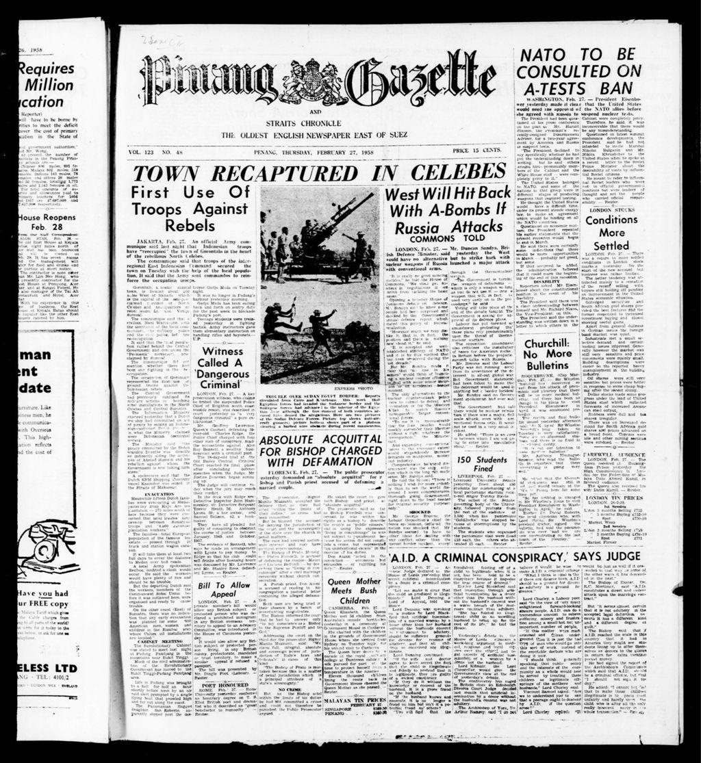 Miniature of Pinang Gazette and Straits Chronicle 27 February 1958