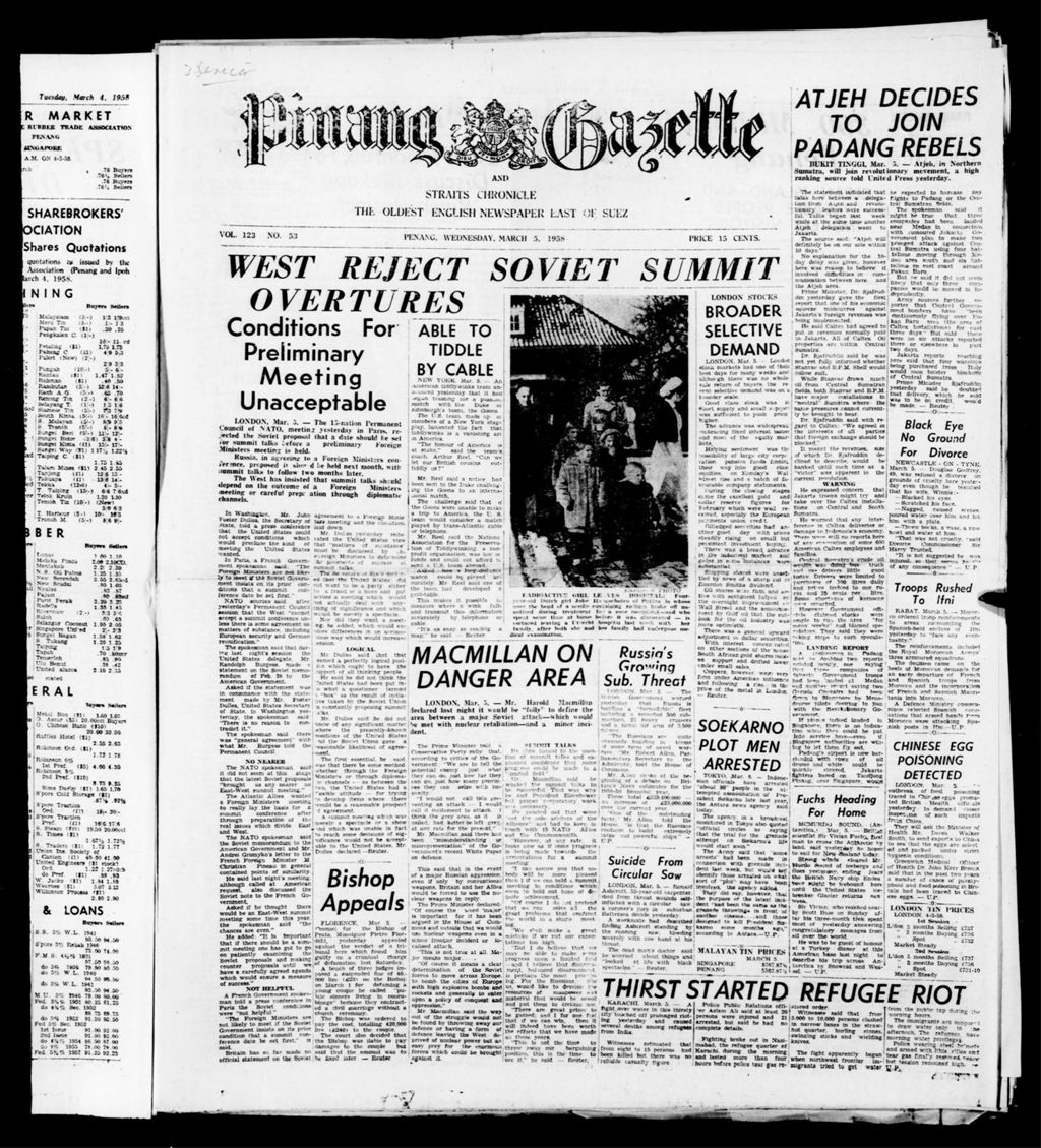 Miniature of Pinang Gazette and Straits Chronicle 05 March 1958