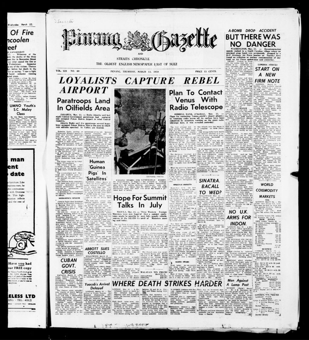 Miniature of Pinang Gazette and Straits Chronicle 13 March 1958