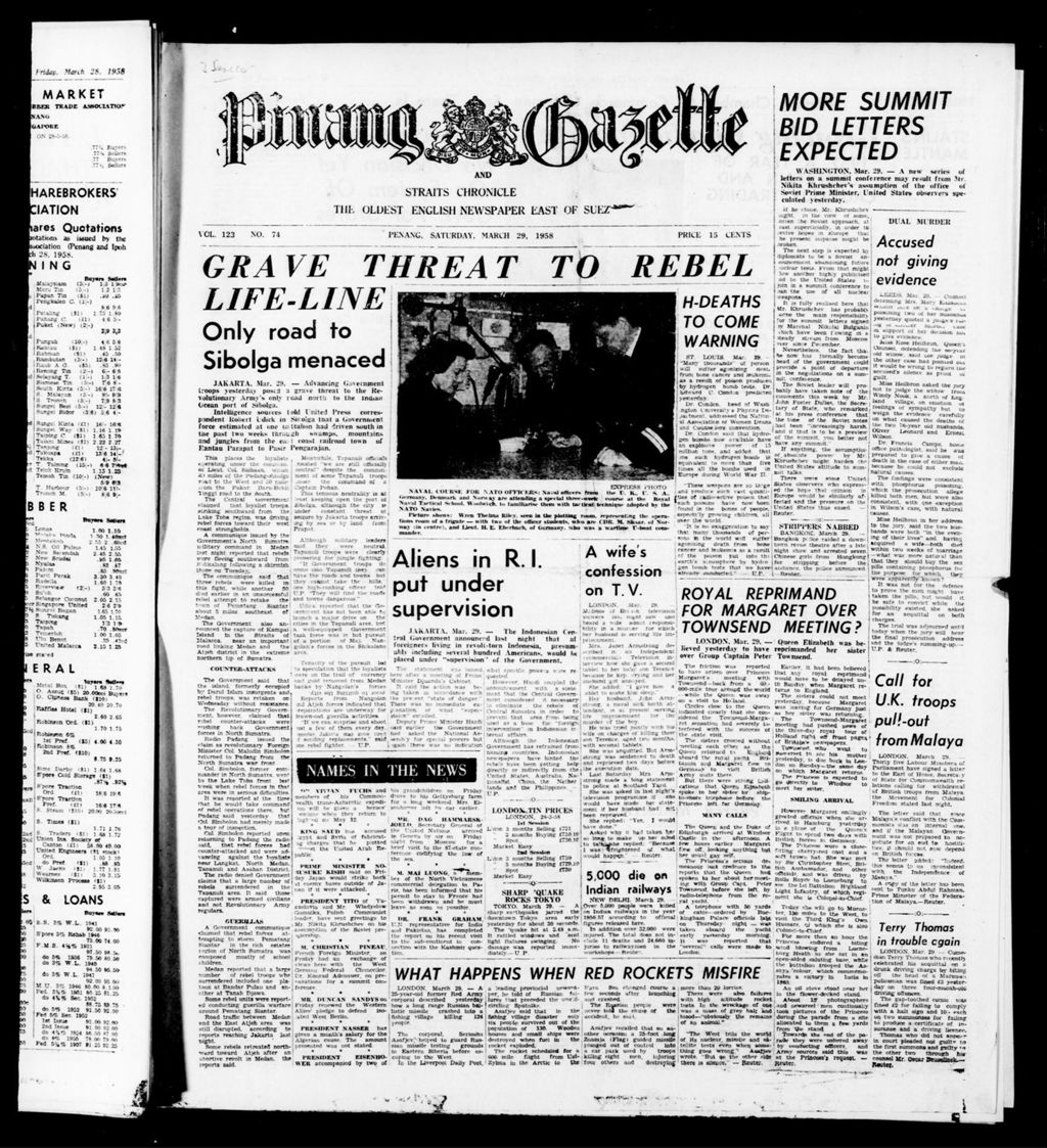 Miniature of Pinang Gazette and Straits Chronicle 29 March 1958