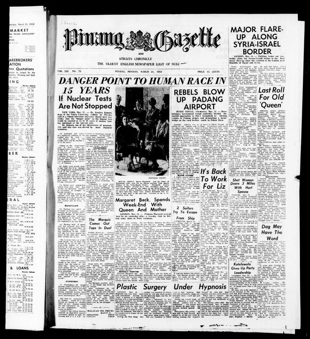 Miniature of Pinang Gazette and Straits Chronicle 31 March 1958