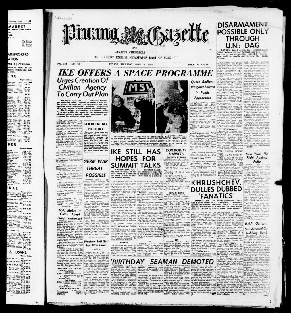 Miniature of Pinang Gazette and Straits Chronicle 03 April 1958