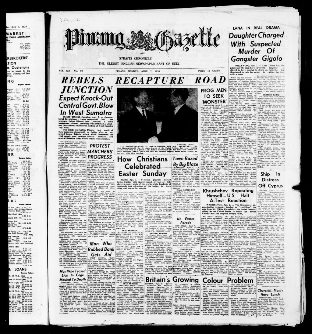 Miniature of Pinang Gazette and Straits Chronicle 07 April 1958