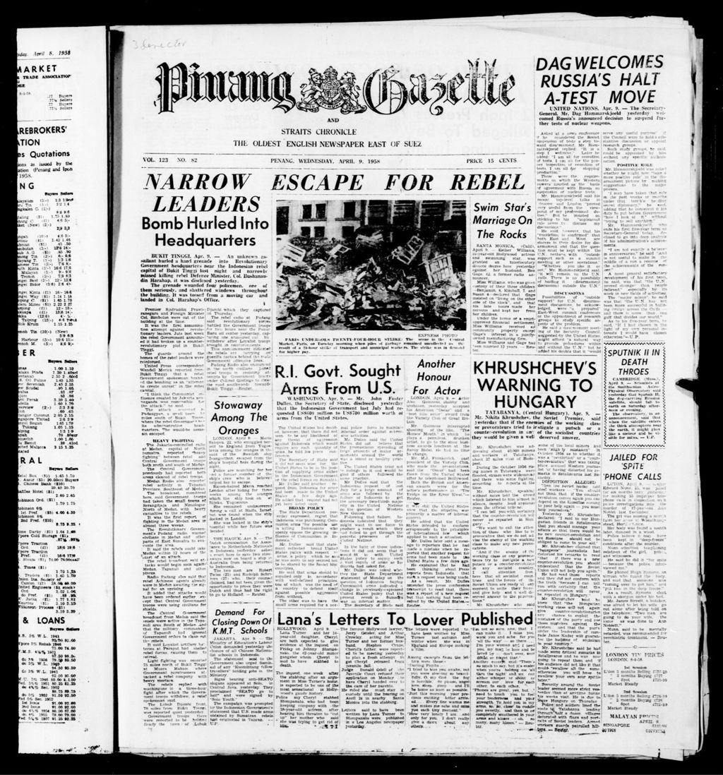 Miniature of Pinang Gazette and Straits Chronicle 09 April 1958