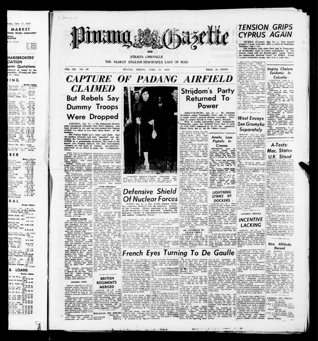 Miniature of Pinang Gazette and Straits Chronicle 18 April 1958